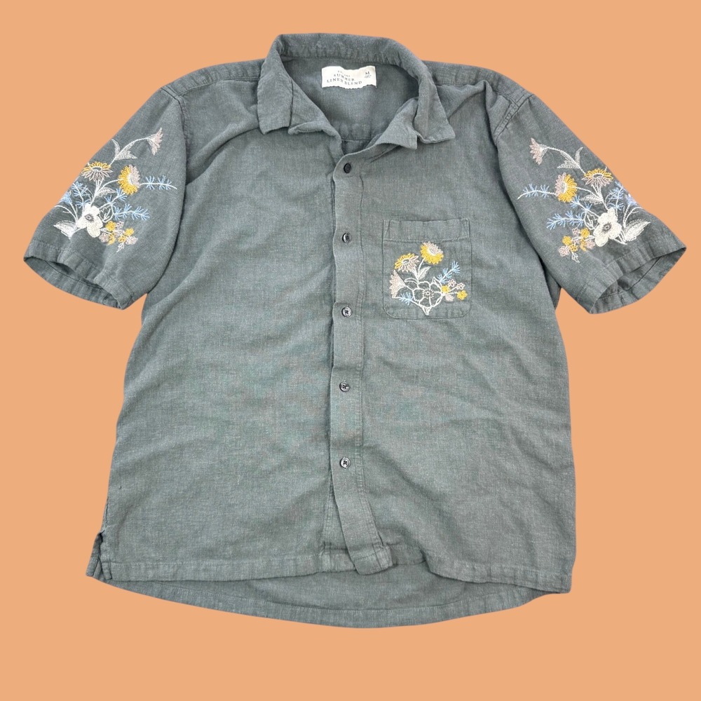 Abercrombie & Fitch Men M Green Linen Blend Floral Embroidered Short Sleeve Top